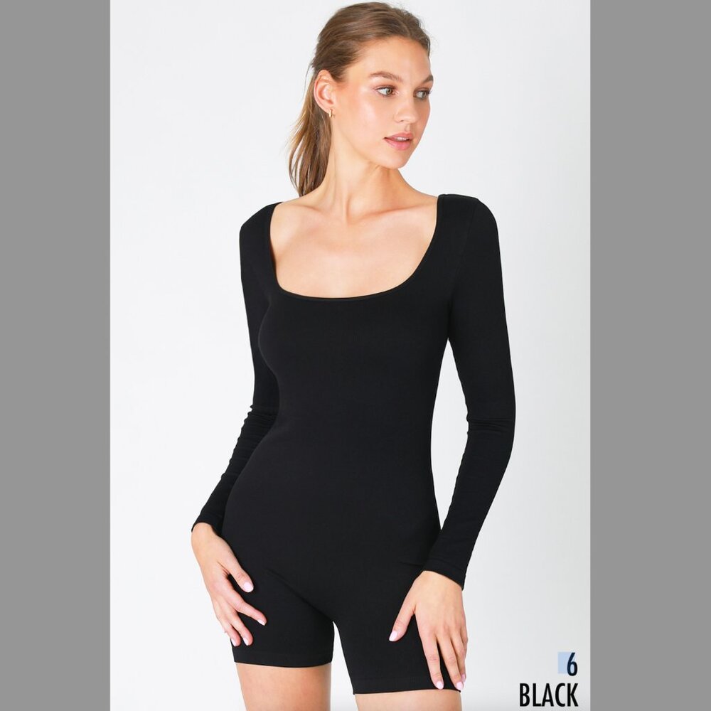 New Black Soft and Stretchy Square Neck Long Sleeve Romper One Size